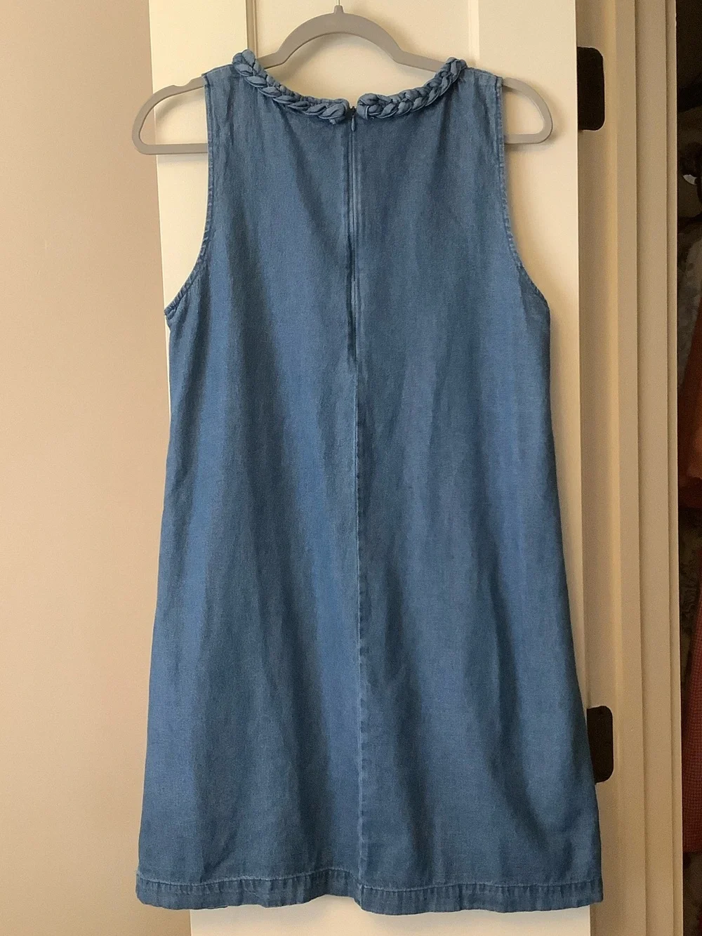 Sleeveless Chambray Midi Dress in Blue with Braided Trim - Picture 6 of 9